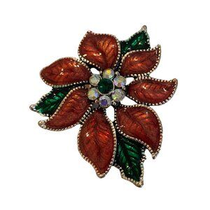 Contemporary Enamel and Rhinestone Poinsettia Pin Flower Red